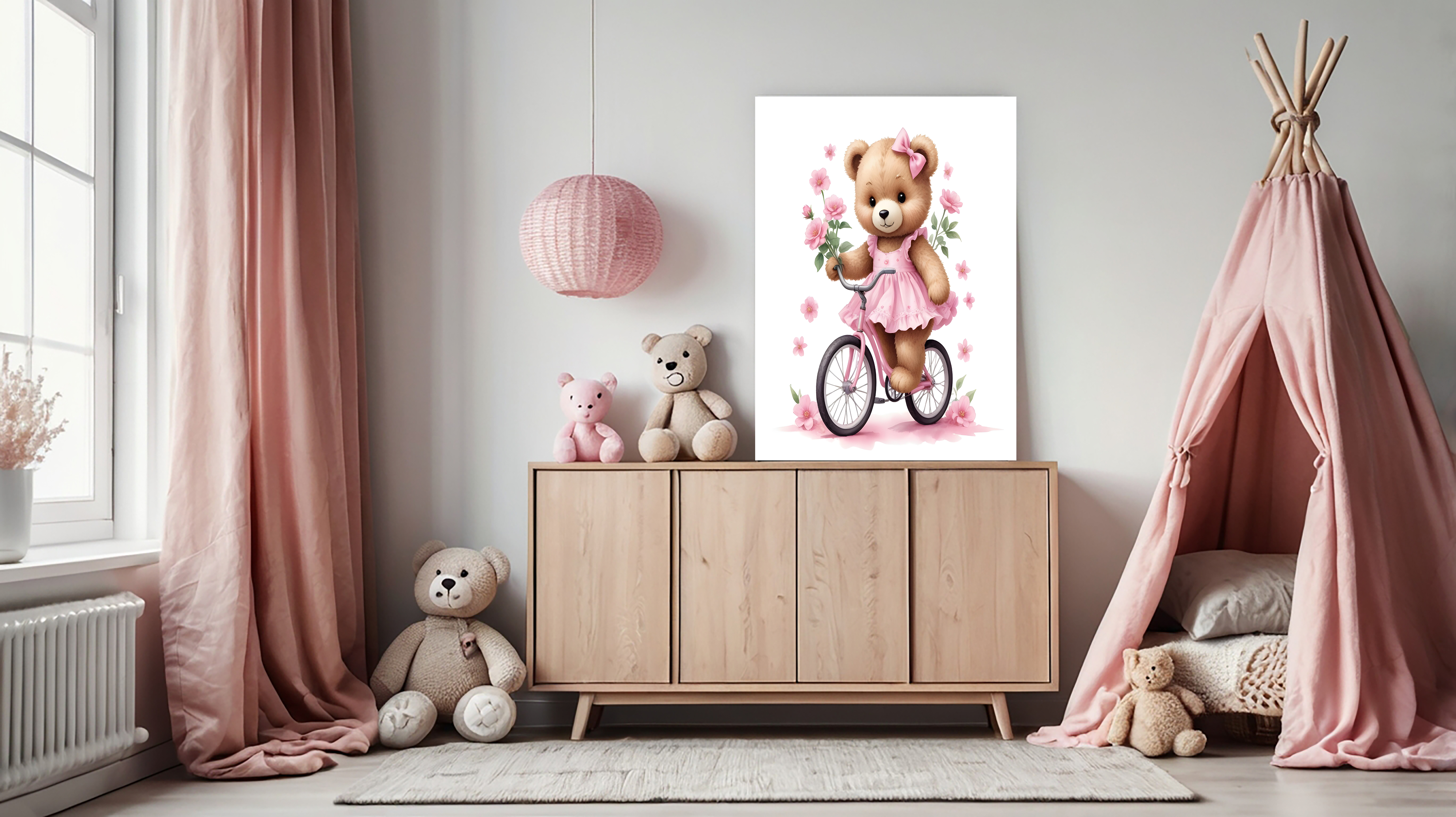 Tablou canvas - Ursuleț roz pe bicicletă